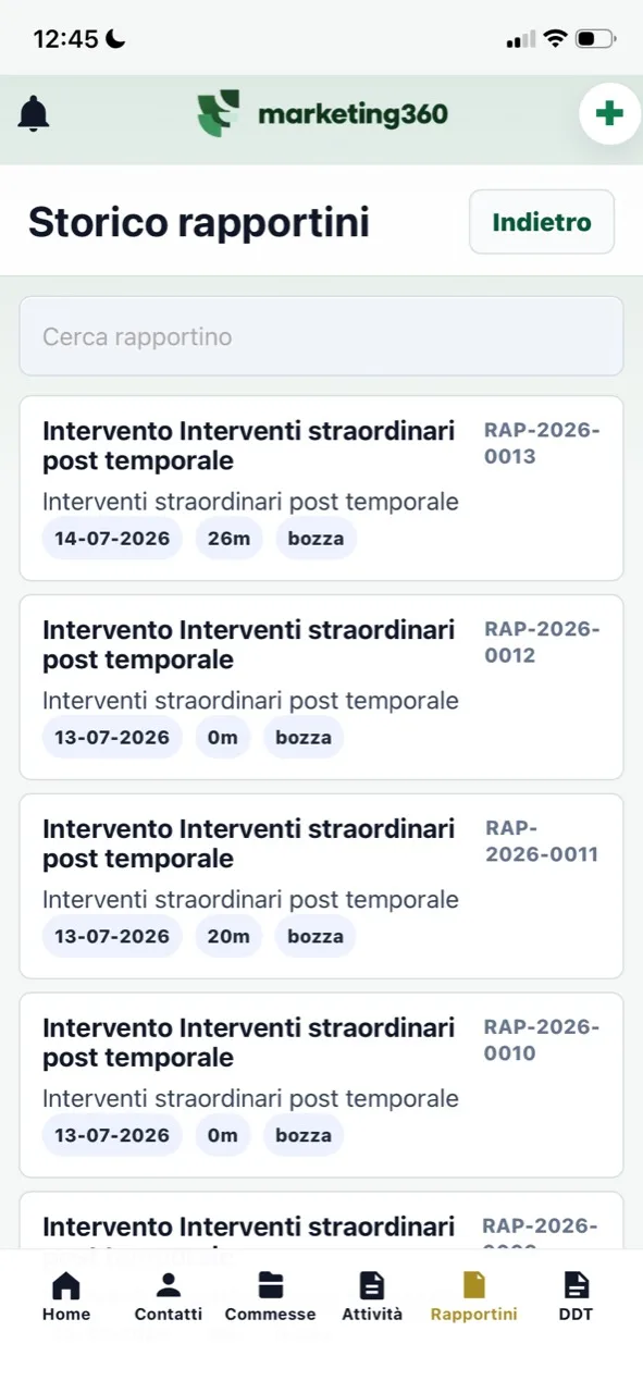 Schermata app aziendale con storico rapportini