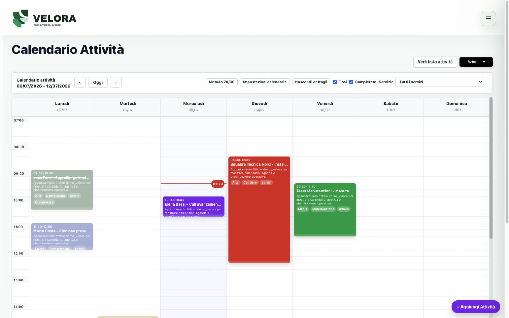 Calendario attività Velora CRM con appuntamenti e pianificazione settimanale