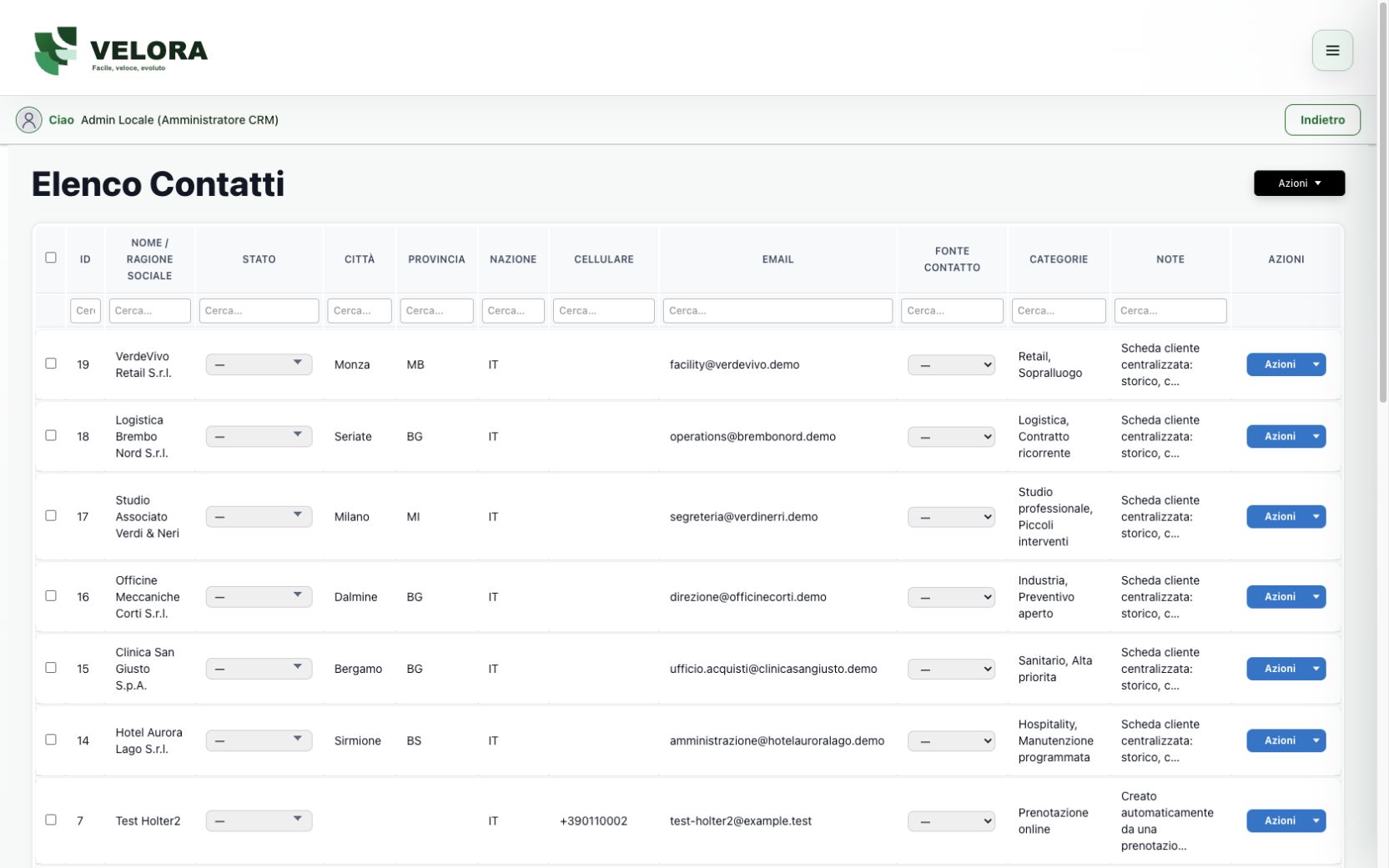 Elenco contatti Velora CRM con anagrafiche, categorie e azioni operative